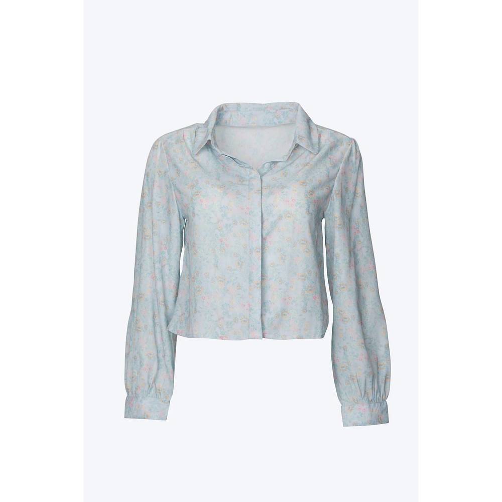 NEW SUN IMPERIAL cropped floral-print pleated chiffon blouse in pastel floral